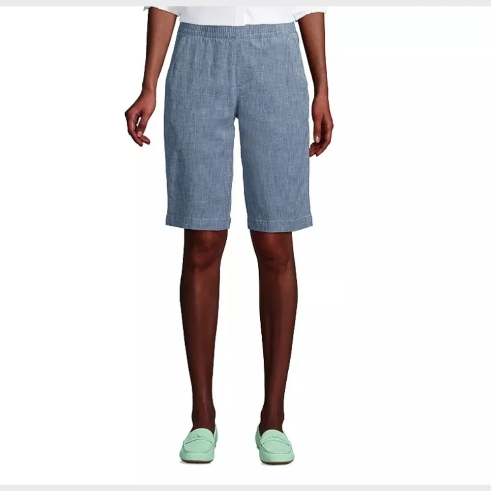 Lands End Mid-Rise Elastic‎ Waist Pull-On Cotton Shorts Pockets Size Small